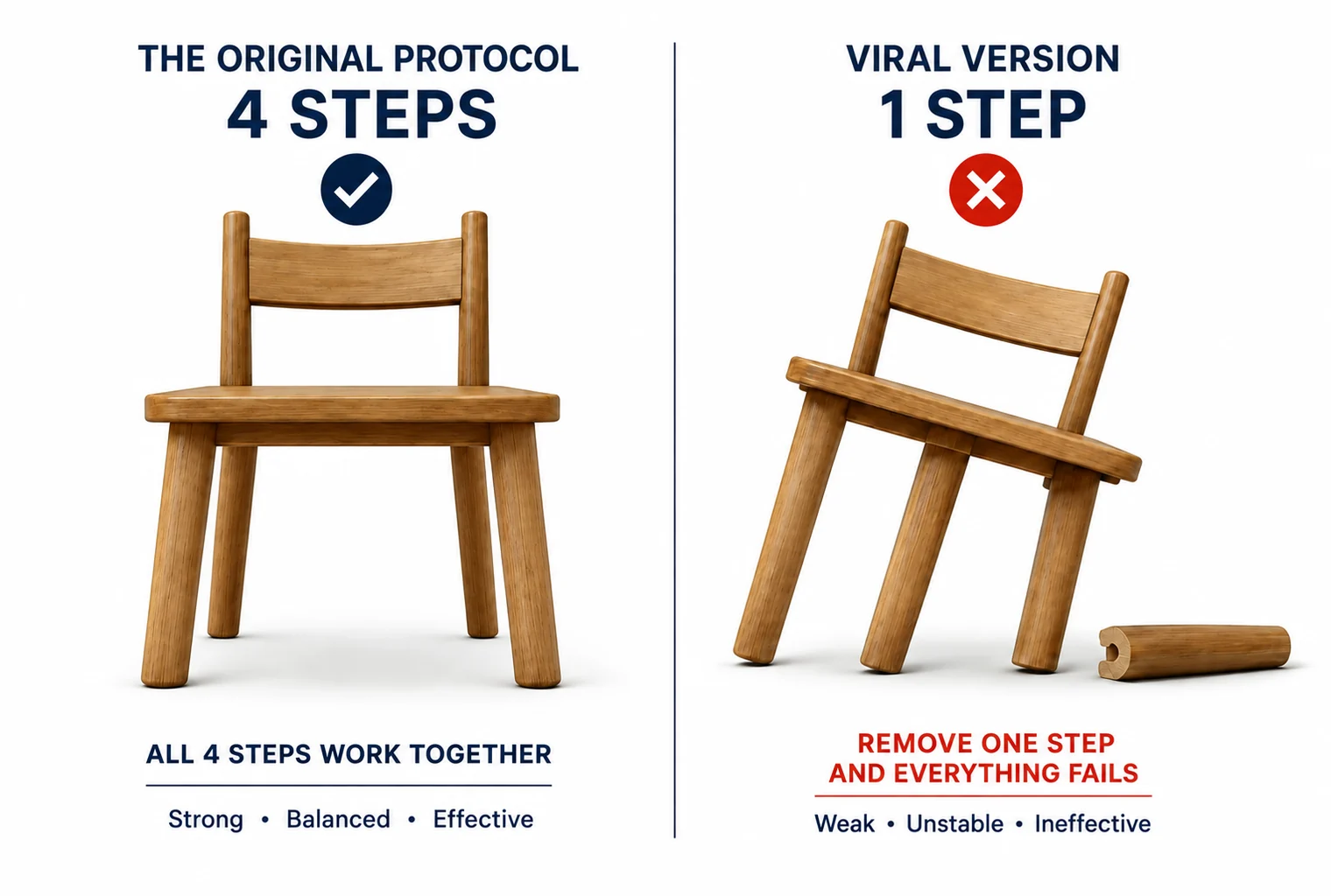 Side by side: the original four-step protocol shown as a sturdy four-legged chair, and the viral one-step version as a chair that has collapsed