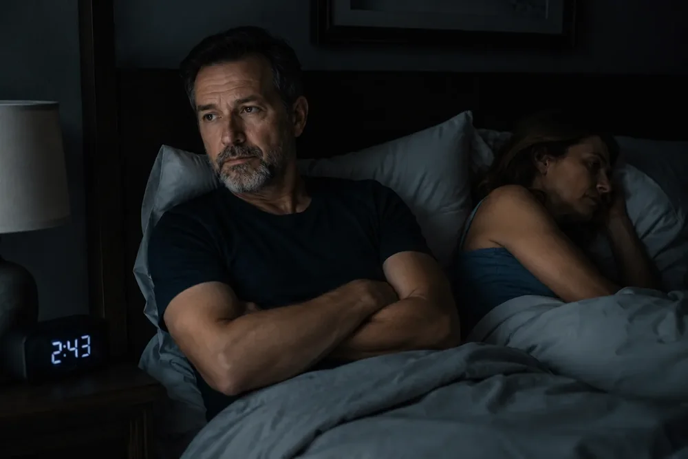 A man lying awake in the dark, turned away from his sleeping wife
