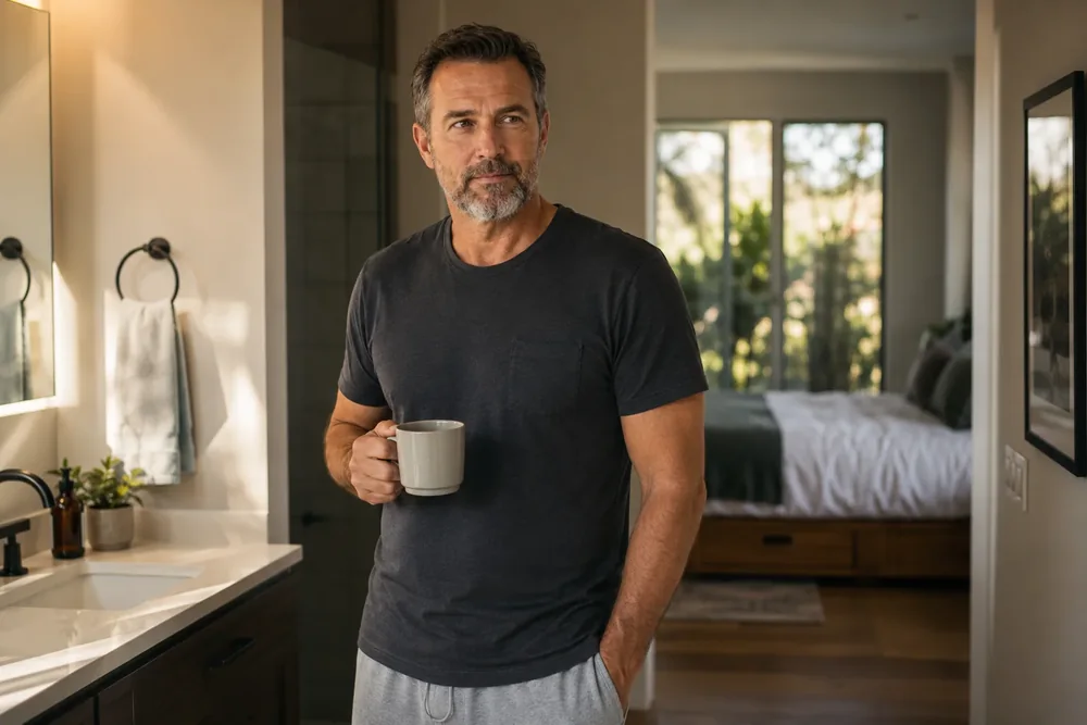 The same man in the morning light, relaxed, holding a cup of coffee